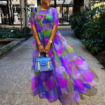 2023 neue Boho Stil Frauen Kleid Casual Vintage Nähte Muster Gedruckt Maxi Kleid Dame Kurzarm Hohe Taille Lose Kleider