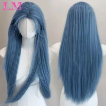 LM Lange gerade synthetische Perücken Hellblau mit Asche Highlight Cosplay Perücke mit Pony für Frauen Natürliches Haar Hitzebeständige Faser