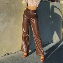 Frauen Herbst/Winter neue Mode einfarbige Pu Micro-Trompete Lederhose, lockere und lässige lange Lederhose mit hoher Taille