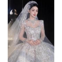 Full Sleeve Wedding Dresses Shinny Wedding Dress Classic High Neck With Brush Train Luxury Ball Gown Customized Party Dress