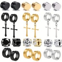 3–12 Paar einfache magnetische Ohrringe aus Edelstahl mit Zirkon, Kreuz-Anhänger-Creolen, nicht durchdringende Ohrclips für Männer
