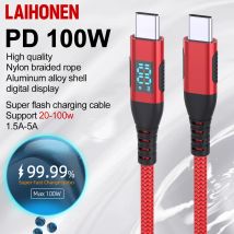 LAIHONEN 5A 100W USB C auf Typ C Superschnellladekabel Nylon-Datenkabel für Xiaomi Poco Samsung mit LED-Digitalanzeigekabel