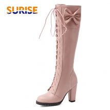 Süße rosa Bowtie Damen kniehohe Stiefel hohe klobige Absätze schwarz Party Damen runde Zehen Lolita Schnür-Reißverschluss Plattform lange Stiefel
