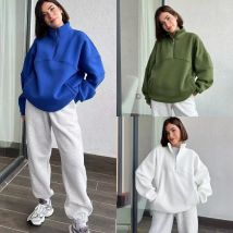 Stehkragen, lässige Sweatshirts, halber Reißverschluss, kurzer Pullover für Damen, Daumenloch, übergroßer Kapuzenpullover, einfarbig, Sport-Outfit in Übergröße