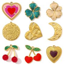 3pcs/Lot French Retro Stainless Steel Enamel Cherry DIY Charm Moon Evil Eye Necklace Pendant Women Flower Heart Jewelry