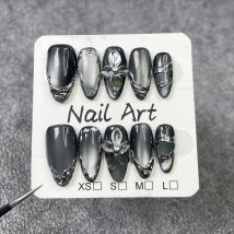 10Pcs Black Cat Eye Almond Handmade Press on Nails 3D Flower Fake Nails Wearable Stick-on Nails False Nail Накладные Ногти 네일팁
