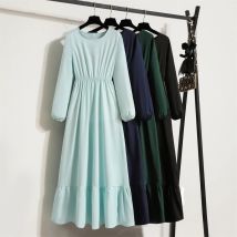 Frühling Herbst Mode weibliche Vestidos solide volle Ärmel O-Ausschnitt lässig Chiffon Kleid Frauen muslimischen langen Kleid Maxi kleider