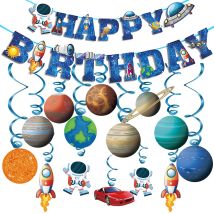 Weltraum-Thema, Party-Dekoration, Sonnensystem, hängende Wirbel, alles Gute zum Geburtstag, Banner für Kinder, Jungen, Weltraumplaneten, Partyzubehör