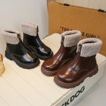 Kinder stiefel Fleece Winter Chunky Front Reiß verschluss trend ige Kinder Kurz stiefel Mid-Calf Pu Leder flexible warme Mädchens chuhe 26-36