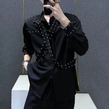 Mens Ribbons Rivets Shirts Autumn Streetwear Fashion Trends Campus Performances Casual Long-Sleeve Tops Men'S Clothing 2024