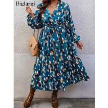 Plus Größe Herbst Kleid Frauen Graffiti Print Mode Rüschen Gefaltete Lose Damen Kleider Casual Laterne Langarm Frau Kleid