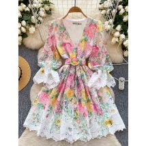 Frühjahr/Sommer Retro Einreiher Mini Kleid Französisch Hohl Spitze Kleid Weibliche Temperament A-line Elegante Shorts Vestidos C18