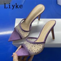 Liyke Lila Hausschuhe Für Frauen Mode Strass Mesh Sommer Sandalen Spitz Maultiere High Heels Party Prom Schuhe Größe 34-42