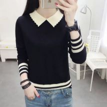 Damen-Strickpullover für Herbst und Frühling, lässiger und vielseitiger Damen-Strickpullover mit reiner Farbe und V-Ausschnitt, DF4924