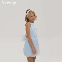 Verngo Blau Satin Mädchen Blumen Kleider Ärmellos A-Linie Baby Geburtstag Party Kleid Promi Prom Party Kleider Angepasst