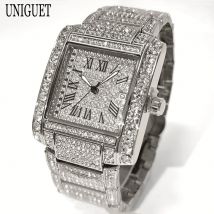 Luxury Brand Mens Silver Stainless Steel Quartz Watch Hip Hop Full Diamond Rectangle AAA Quality Fashion Wristwatch for Men 2025