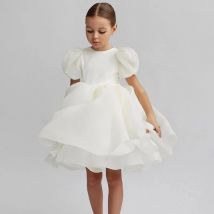 Weiße Blumenmädchenkleider für Hochzeit, rückenfrei, elegant, Kindergeburtstag, Party, Galakleid, Puffärmel, Kinder, Kommunionkostüm