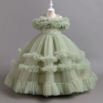 Schulterfreies Prinzessinnenkleid für Mädchen mit Puffärmeln, 4–12 Jahre alt, modisch, Schleife, Netzstoff, langer Rock, Karneval, Geburtstag, Laufsteg, Abendkleid