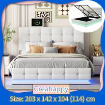 Letto imbottito creatuhappy 140x200 cm con luci a LED e sollevatore idraulico, letto matrimoniale in pelle bianca