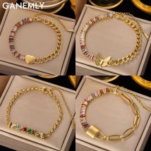 GANEMLY 316L Edelstahl Herz Schmetterling Schloss Armband Für Frauen Mode Farbige Zirkon Handgelenk Kette Wasserdicht Schmuck Geschenk