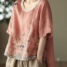 T-shirts Women Retro Leisure Chinese Style Elegant Design Embroidery Attractive Streetwear Tender Prevalent Floral Comfortable