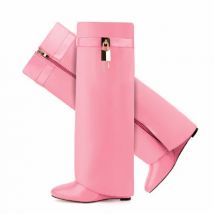 sepatu bot tinggi wanita sabuk warna Solid gesper flens sepatu Wedges wanita sepatu Fashion kunci hak tinggi Botas sepatu