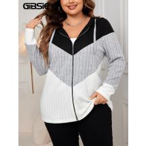 Gibsie Plus Size Farb block Reiß verschluss Mantel Frauen 2024 Herbst neue Kordel zug Kapuze Langarm lässig Rib-Strick Jacke Top