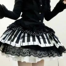 Harajuku Lolita Schwarzer A-Linien-Rock für Frauen, süßer Klaviertaste, gepunktete Spitzenröcke, Y2k, hohe Taille, koreanische 2025, modische Kleidung