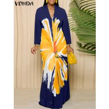 Vonda Frauen gedruckt böhmischen Maxi kleider Langarm Vestidos Herbst übergroße kausale Rundhals ausschnitt lose Sommerkleid Robe lang