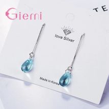 Elegante 925er Sterlingsilber-Wassertropfen, blauer Kristall, lange Kette, Tropfenohrringe für Frauen und Mädchen, Hochzeit, Party, Modeschmuck, Geschenke
