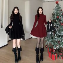 French Romantic Turtleneck Long Sleeve Knit Mini Dress Slimming A-Line Waist-Defining Women's Fashion for Autumn Winter Commute