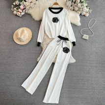 Women Vintage Two Piece Set Long Sleeved Floral Embroidered Loose Knitted Sweater Top+high Waisted Wide Leg Pants Tracksuits