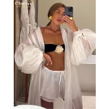 Clacive Casual Loose White 2 Piece Sets Women Outfit 2025 Elegant Long Sleeve Robes With Mid Waist Shorts Set Female Clothing