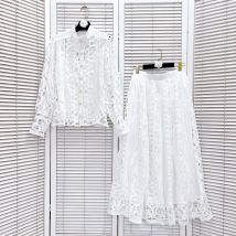 Luxus Elegante Aushöhlen Lange Kleider 2-teilige Röcke Sets Frauen Sommer Herbst Stickerei Shirts Weiß Top Lange Maxi Rock Anzüge