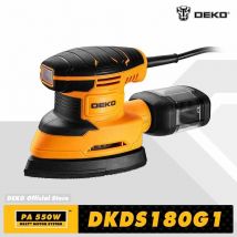 DEKO-lijadora de ratón eléctrica de 220V, herramienta de 13000rpm con 3 almohadillas de lijado, 12 lijadoras de recolección de polvo de papel de lija para carpintería y madera