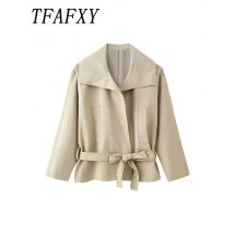 TFAFXT Casual Chic Frauen Jacken Solide drehen-unten Kragen Taschen Gürtel Mantel Mode Herbst Urlaub Lose Mantel