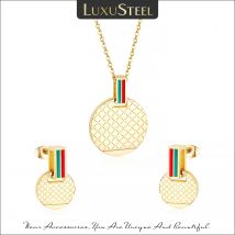 LUXUSTEEL Runde Anhänger Halskette Ohrringe Für Frauen Männer Gold Farbe Edelstahl Rot Grün Gestreiften Raute Muster Schmuck Set
