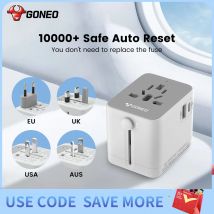 GONEO Adattatore da viaggio universale di sicurezza con 1USB-C 1USB-A 2AC All in One Spina mondiale Adattatore standard UE USA UK AUS CN JP