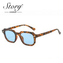 STORY Vintage-Sonnenbrille mit Schildpatt-Nieten, rechteckig, für Damen und Herren, 2024, Designer-Mode, blaue Linse, quadratische Sonnenbrille WG50222