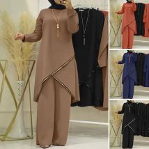 Frauen Eid Musulman Ensemble Muslimischen Sets Solide Blusen Breite Bein Hosen Ramadan Marokko Zwei Stücke Dubai Kaftan Lose Modest