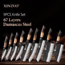 Zestaw noży damasceńskich XINZUO 1-9 sztuk, stal 67-warstwowa, nożyk do obierania, nożyk uniwersalny, santoku, nakiri, siekacz, bunka, białe dębowe, czerwone rękojeści G10