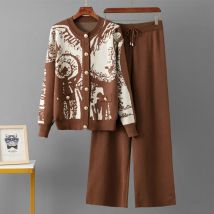 Korean Design Knitted 2 Piece Sets Women O-neck Single Breasted Sweater Cardigan Tops Conjuntos High Waist Straight Pants Outfit