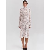 Mozision Spitze Langarm Sexy Midi Kleid Für Frauen Elegante Weiße Halb Hohen Kragen Hohe Taille Bodycon Club Party Sexy Langes Kleid
