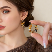 Vintage Amber Color Series Earrings for Women Temperament Brown Enamel Tiger Eye Ear Buckle Earring Party Jewelry Accessory Gift