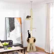 PawHut Árbol para Gatos de Suelo a Techo de 225-255 cm con Cueva Hamaca Beige