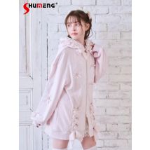 Japanischer Minen-Stil, in Massenprodukt, bestickte Spitze, Schleife, lange Ärmel, lockere, lässige, vielseitige Kapuzen-Sweatshirt-Jacke für Damen im Herbst