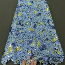 2024 High Quality African Nigerian Cotton Tulle Lace Fabric Embroidery Wedding Party Dress Golden Damask Sequins 5Yard
