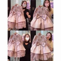 A.Girls'  Bowknot Heavy Sequin Beaded Embroidery Cake Birthday Dress Princess Dress