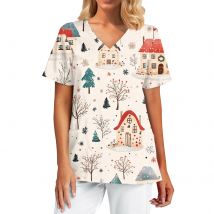 Sanitäruniform für Damen, niedlicher Weihnachtsmann, bedruckt, V-Ausschnitt, kurze Ärmel, Taschen aus mikroelastischem Material, Oberteile, klinische Uniformen