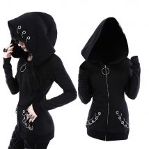 Neu eingetroffene Gothic-Kapuzenmäntel, schwarze Ösen, O-Ring, Reißverschlusstasche, Oberteile, Frühlings-Herbst-Jacke mit weitem Bund